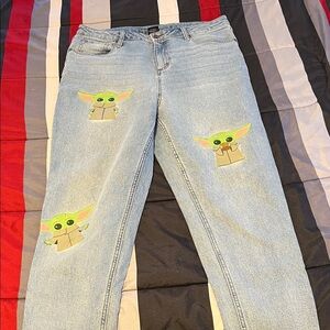 Light Wash Women’s Jeans with Baby Yoda Grogu Character Patches